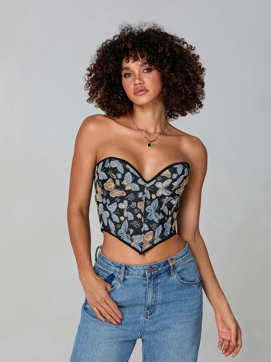 Butterfly Print Strapless Bandage Off-shoulder Corset
