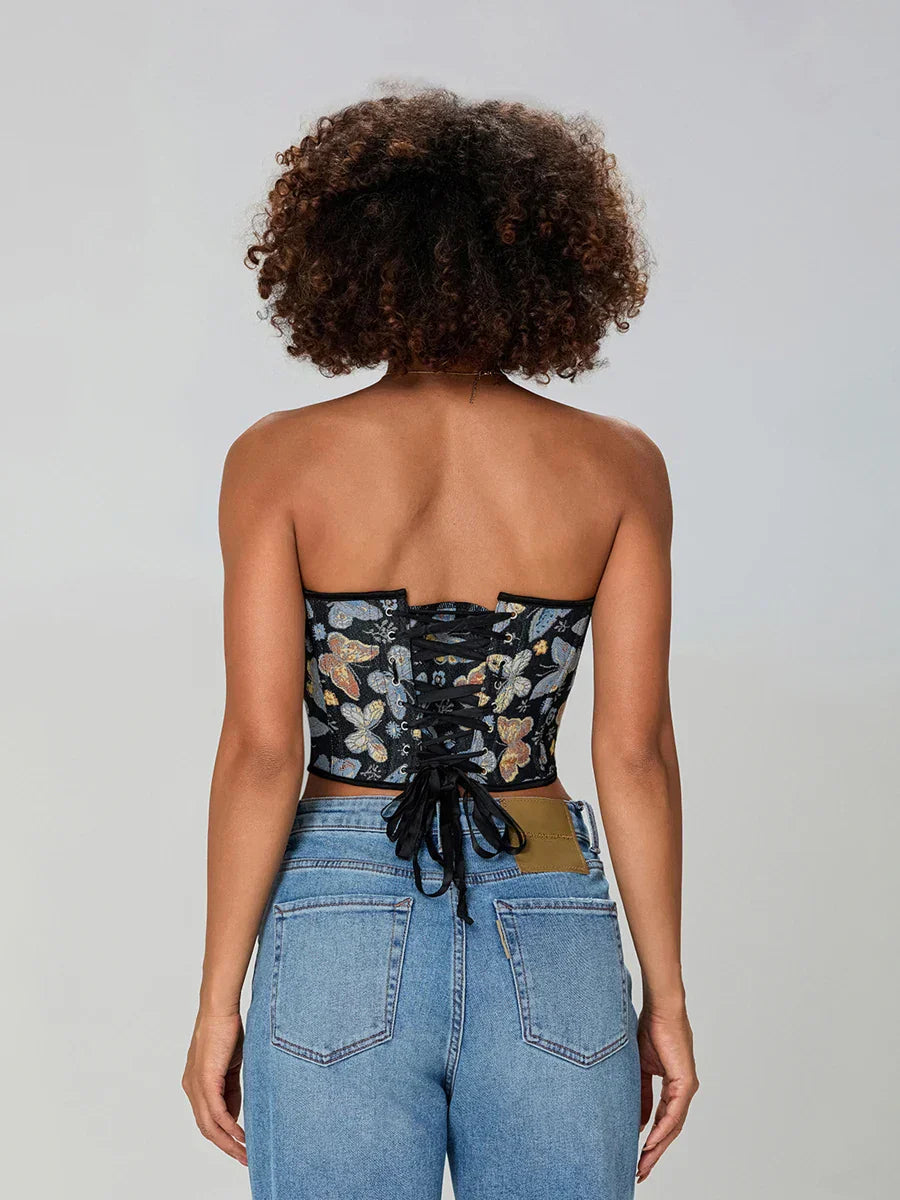 Butterfly Print Strapless Bandage Off-shoulder Corset