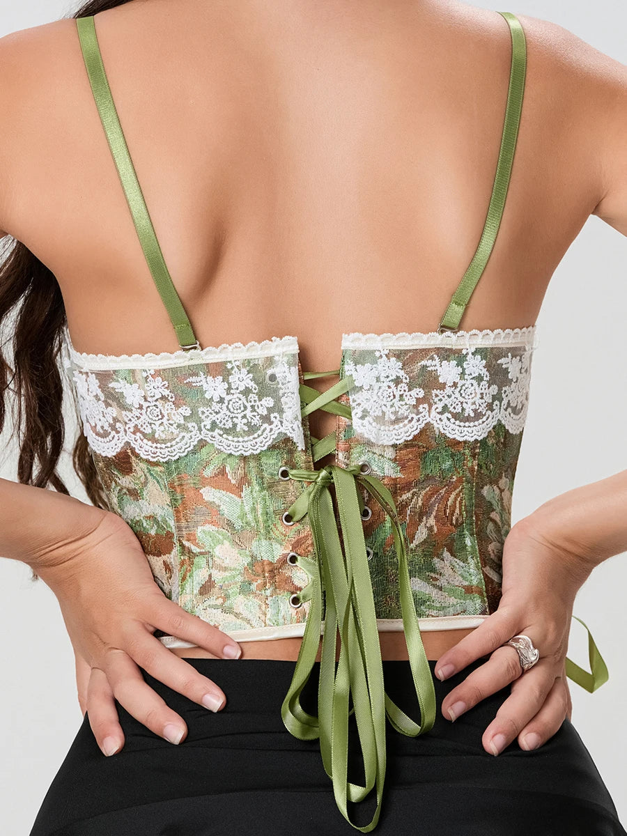 Vintage Floral Lace Trim Tie-up Spaghetti Strap Bustier