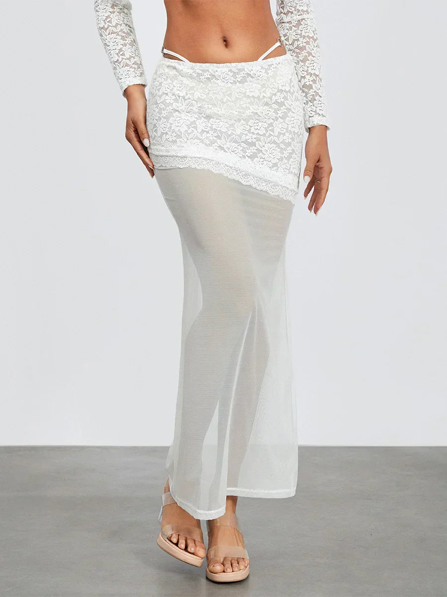 White Lace Patchwork Cropped Shrug Floral Skirt Set