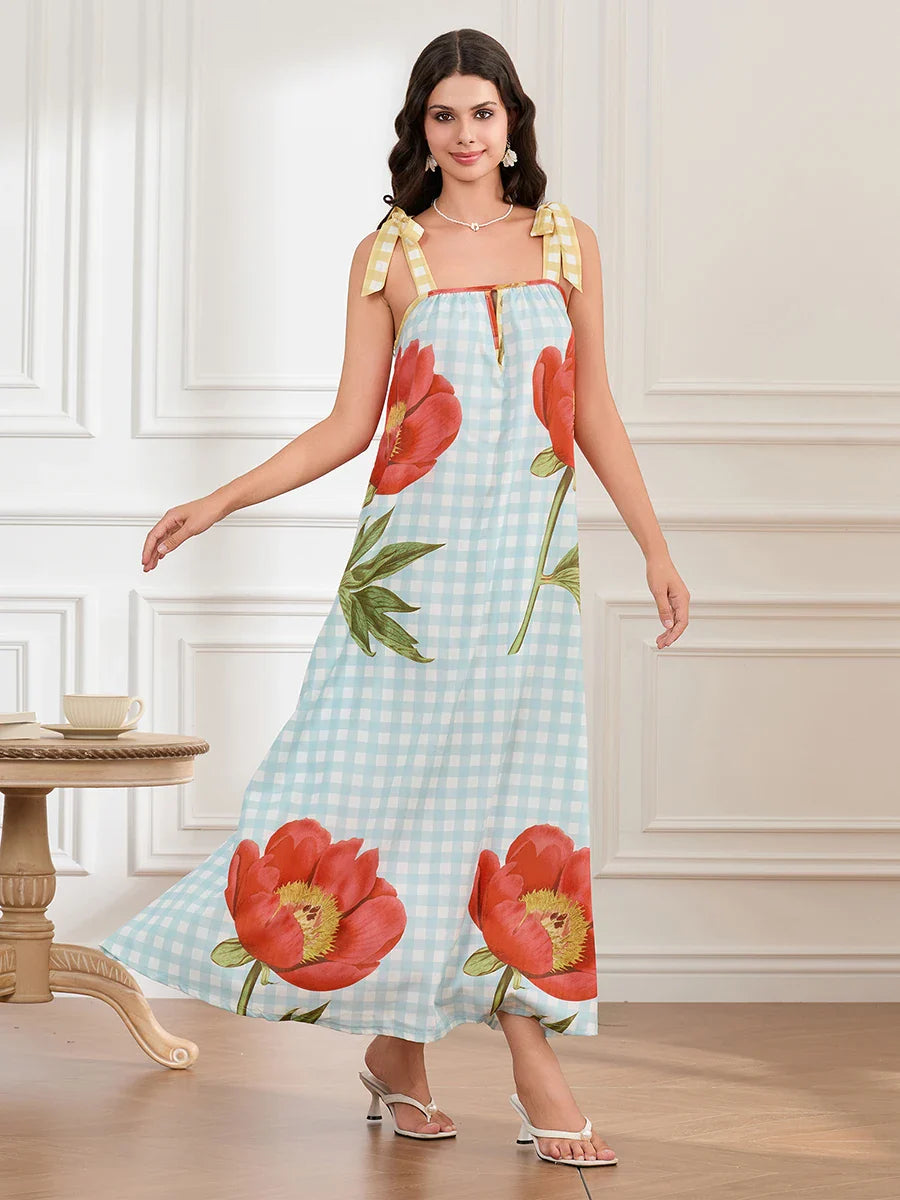 Plaid Flower Sleeveless Tank Floral Dress