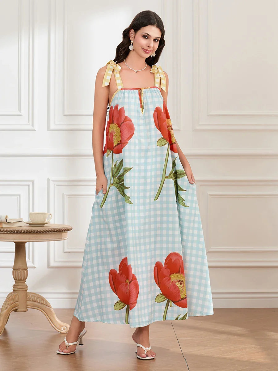 Plaid Flower Sleeveless Tank Floral Dress