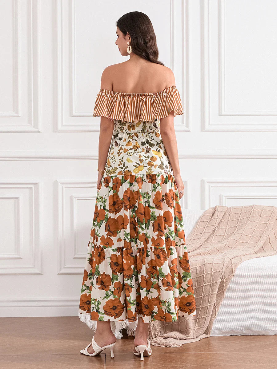 Off-Shoulder Ruffled Ruched Vintage Striped Fruit Flower Floral Dress