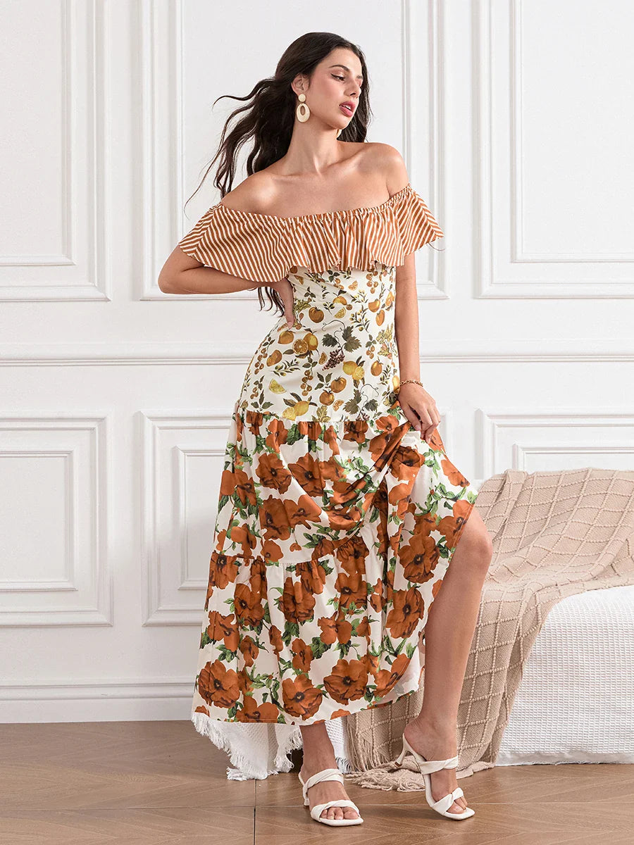 Off-Shoulder Ruffled Ruched Vintage Striped Fruit Flower Floral Dress