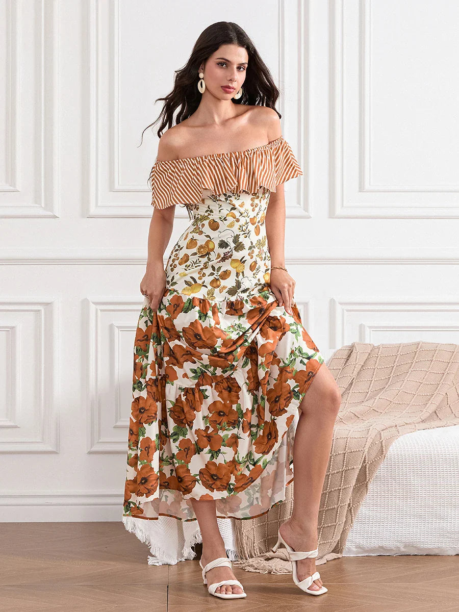 Off-Shoulder Ruffled Ruched Vintage Striped Fruit Flower Floral Dress