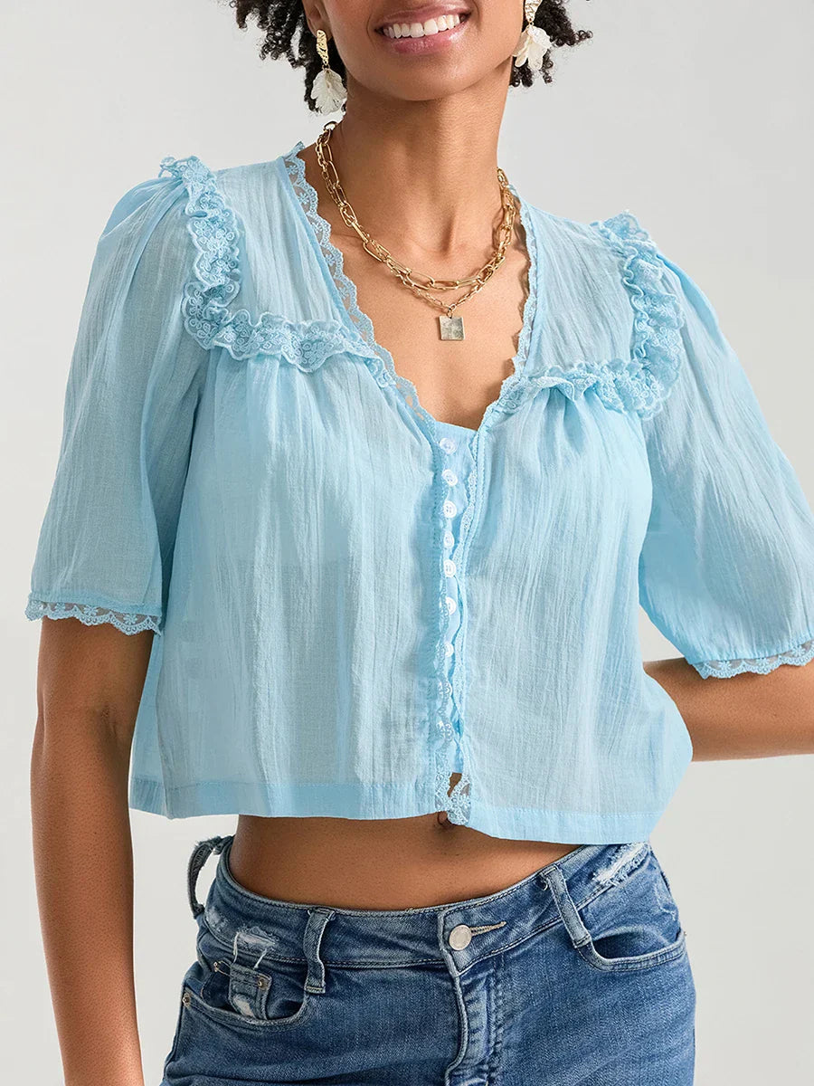 Lace Ruffle V-neck Button Casual Loose Crop Shirt