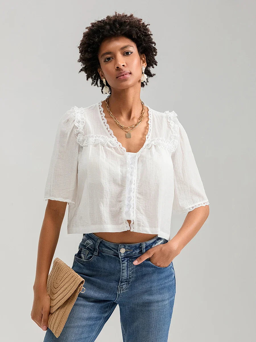 Lace Ruffle V-neck Button Casual Loose Crop Shirt