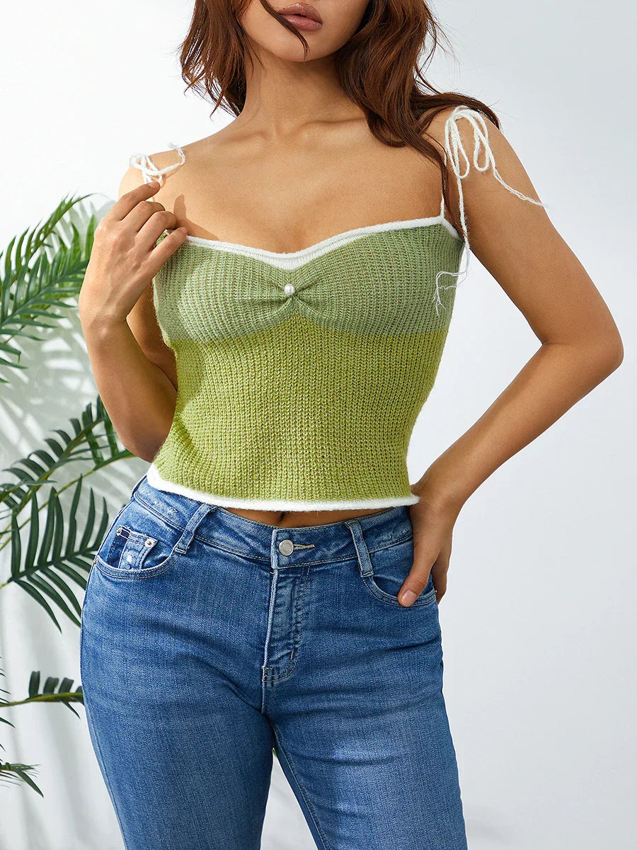 Wool Knitted Contrast Tie-up Spaghetti Strap 90s Crop Top