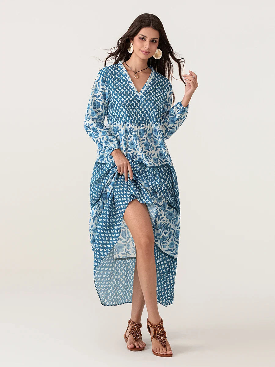 Autumn Floral Long Sleeve V-Neck Loose A-Line Floral Dress
