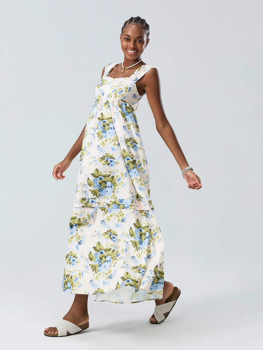 Bohemian Floral Tank Back Tied Square Neck Ruffle Flowy Floral Dress