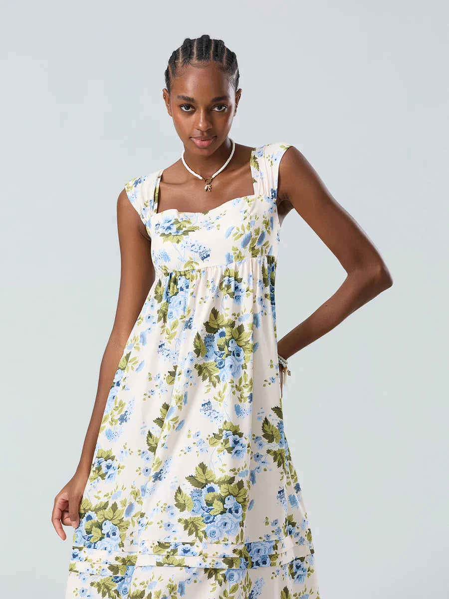 Bohemian Floral Tank Back Tied Square Neck Ruffle Flowy Floral Dress