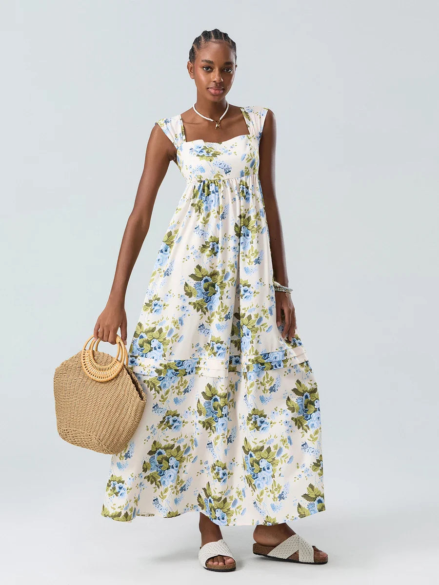 Bohemian Floral Tank Back Tied Square Neck Ruffle Flowy Floral Dress