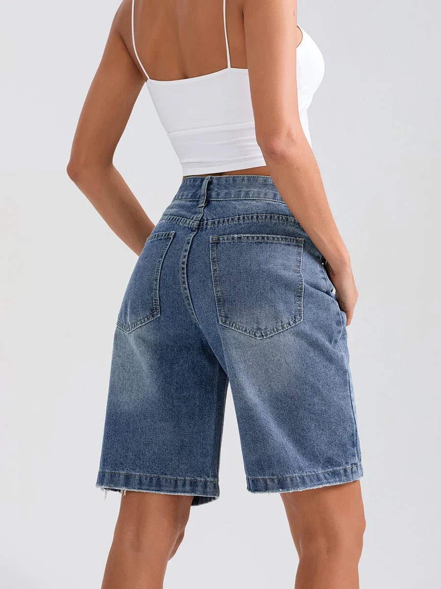 Ripped Button Denim Casual Short