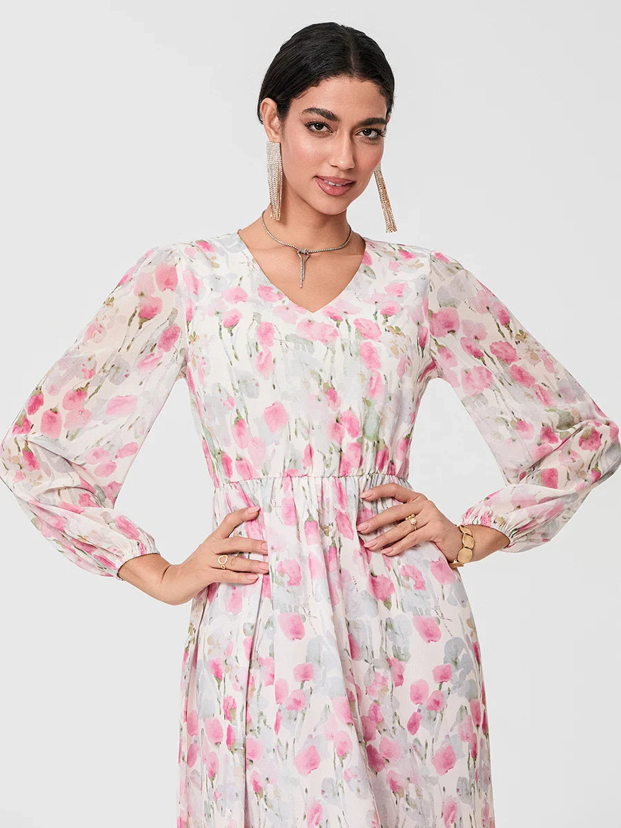 Elegant Floral Flowing Long Sleeve A-Line Floral Dress