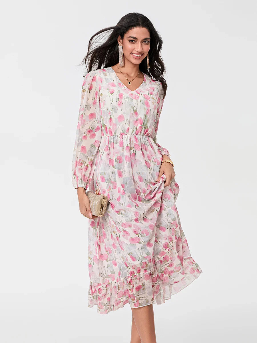 Elegant Floral Flowing Long Sleeve A-Line Floral Dress