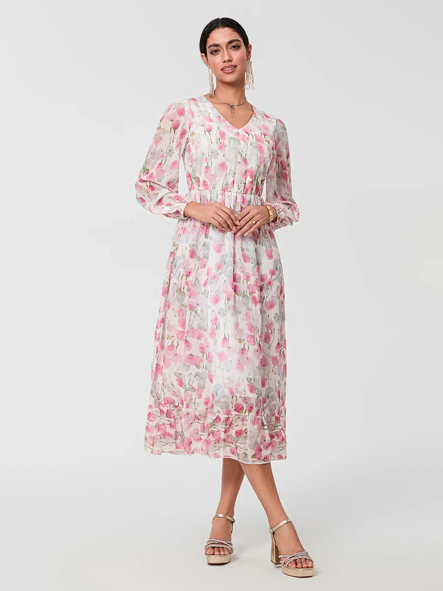 Elegant Floral Flowing Long Sleeve A-Line Floral Dress