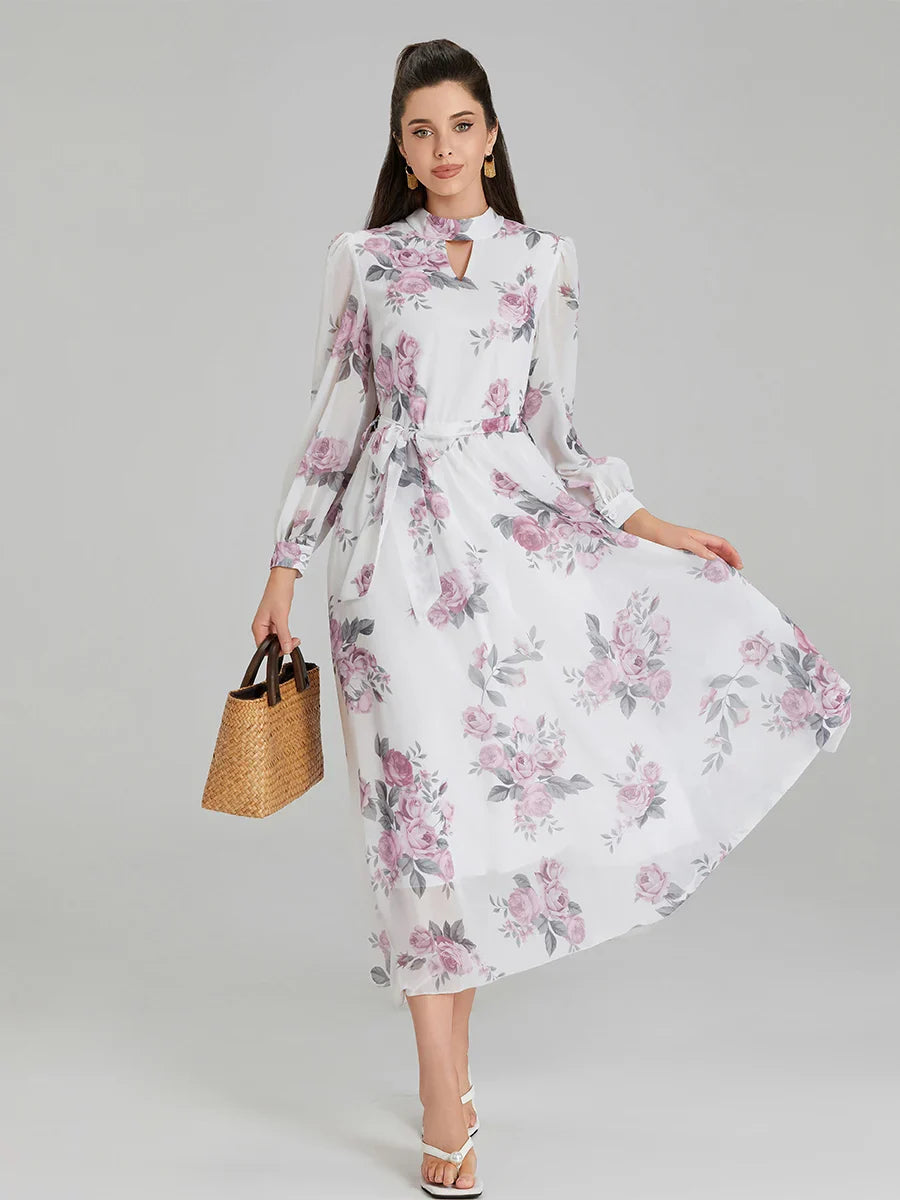 Elegant Floral Print Chiffon Long Lantern Sleeve Tie Waist Floral Dress