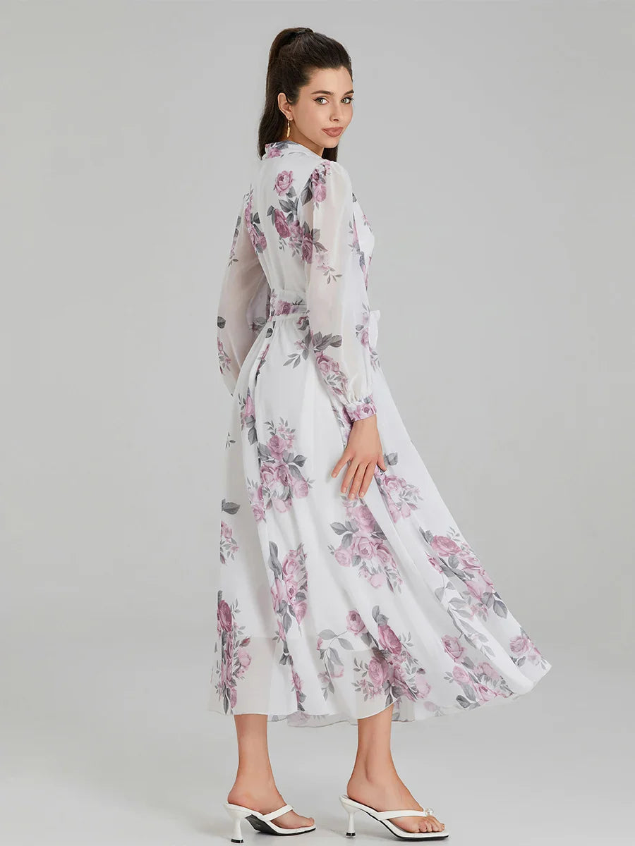 Elegant Floral Print Chiffon Long Lantern Sleeve Tie Waist Floral Dress