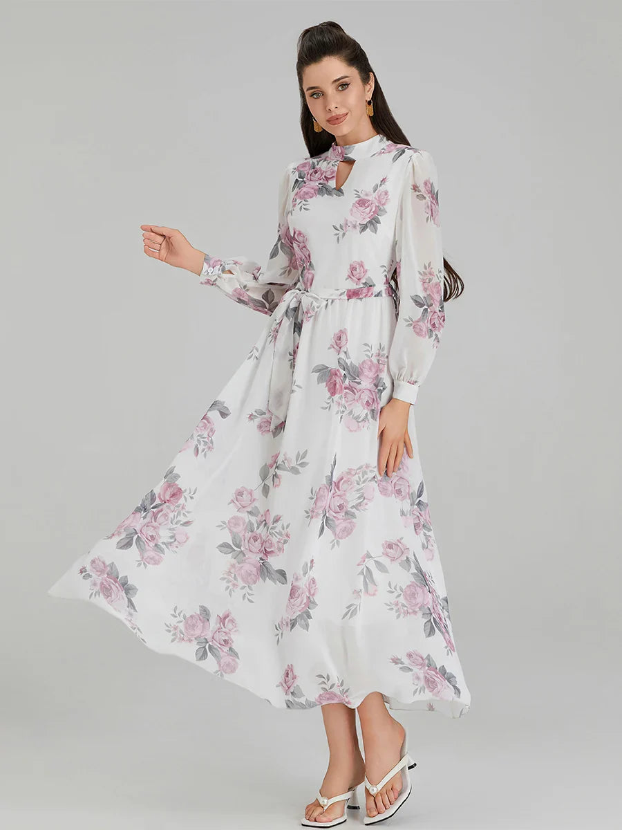Elegant Floral Print Chiffon Long Lantern Sleeve Tie Waist Floral Dress