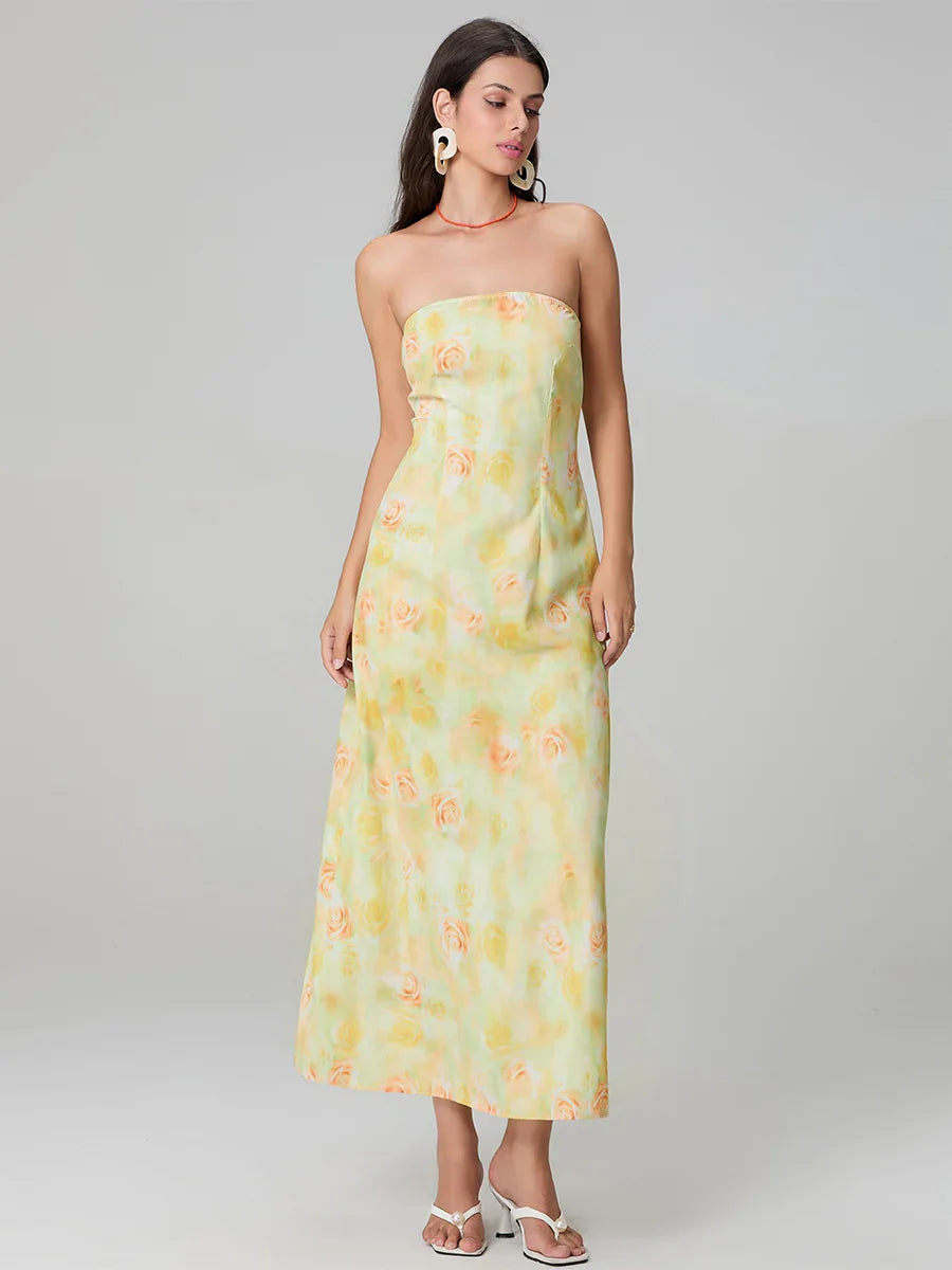 Elegant Floral Print Tube Backless Off-Shoulder Evening Gown Party Dress