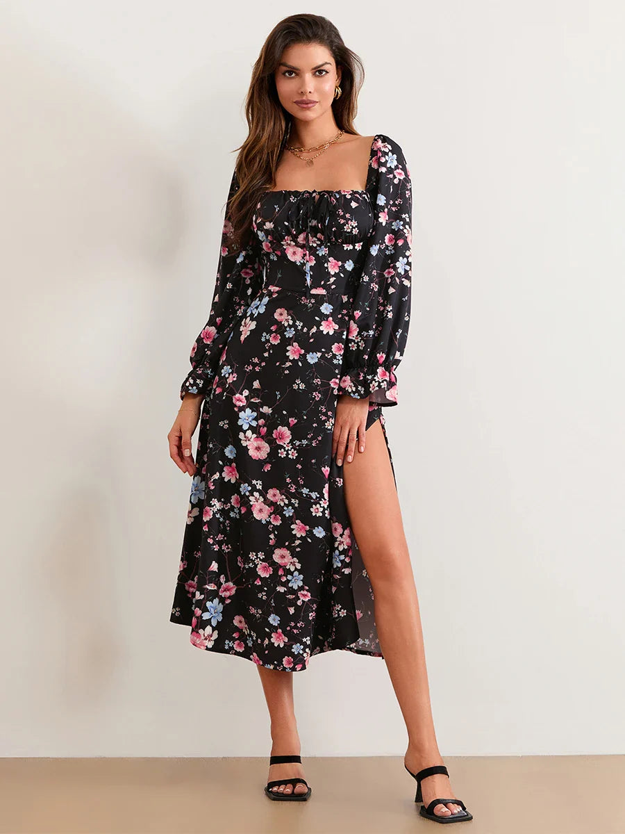 Elegant Floral Midi Puff Sleeve Square Neck Floral Dress