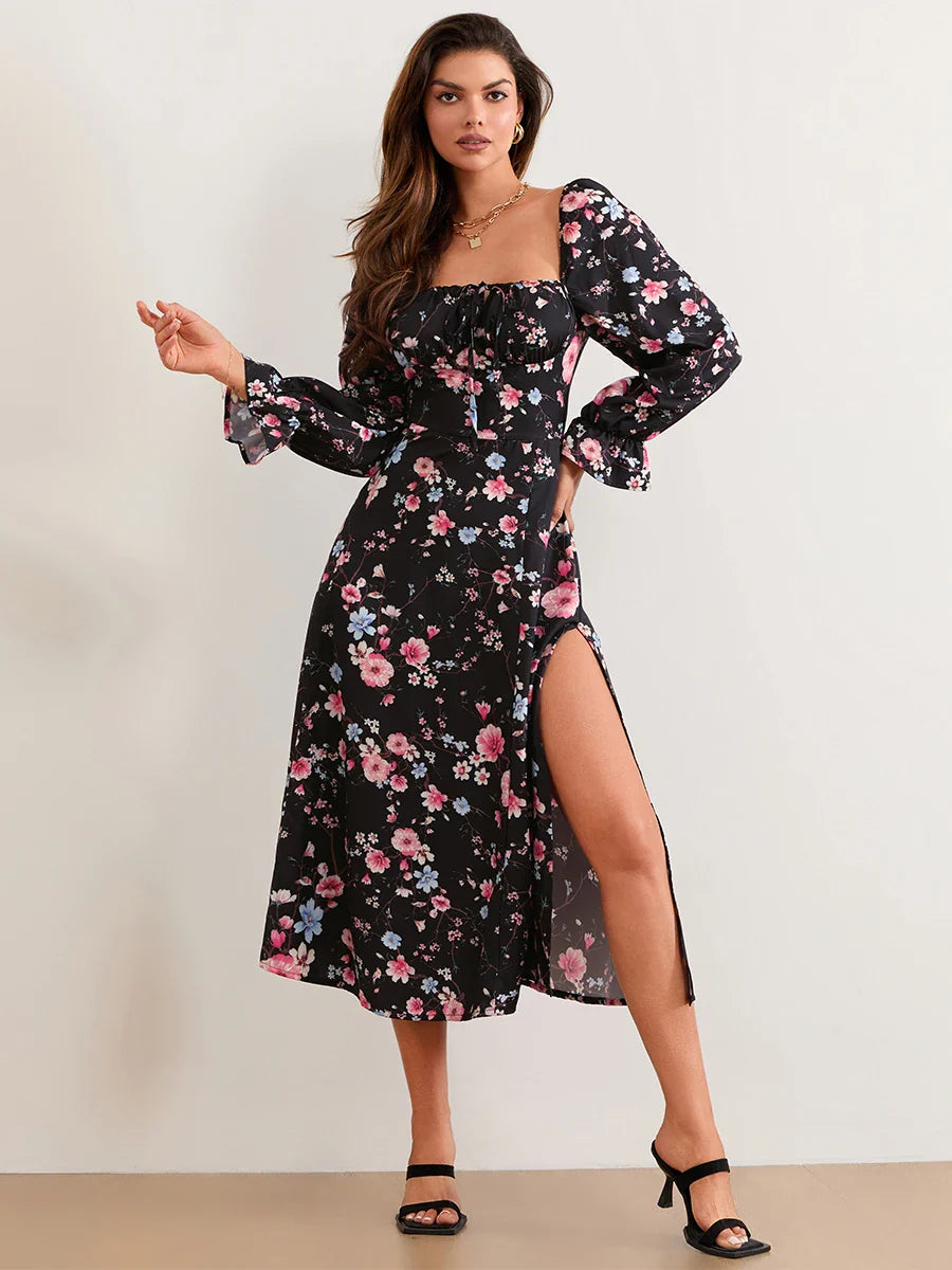 Elegant Floral Midi Puff Sleeve Square Neck Floral Dress