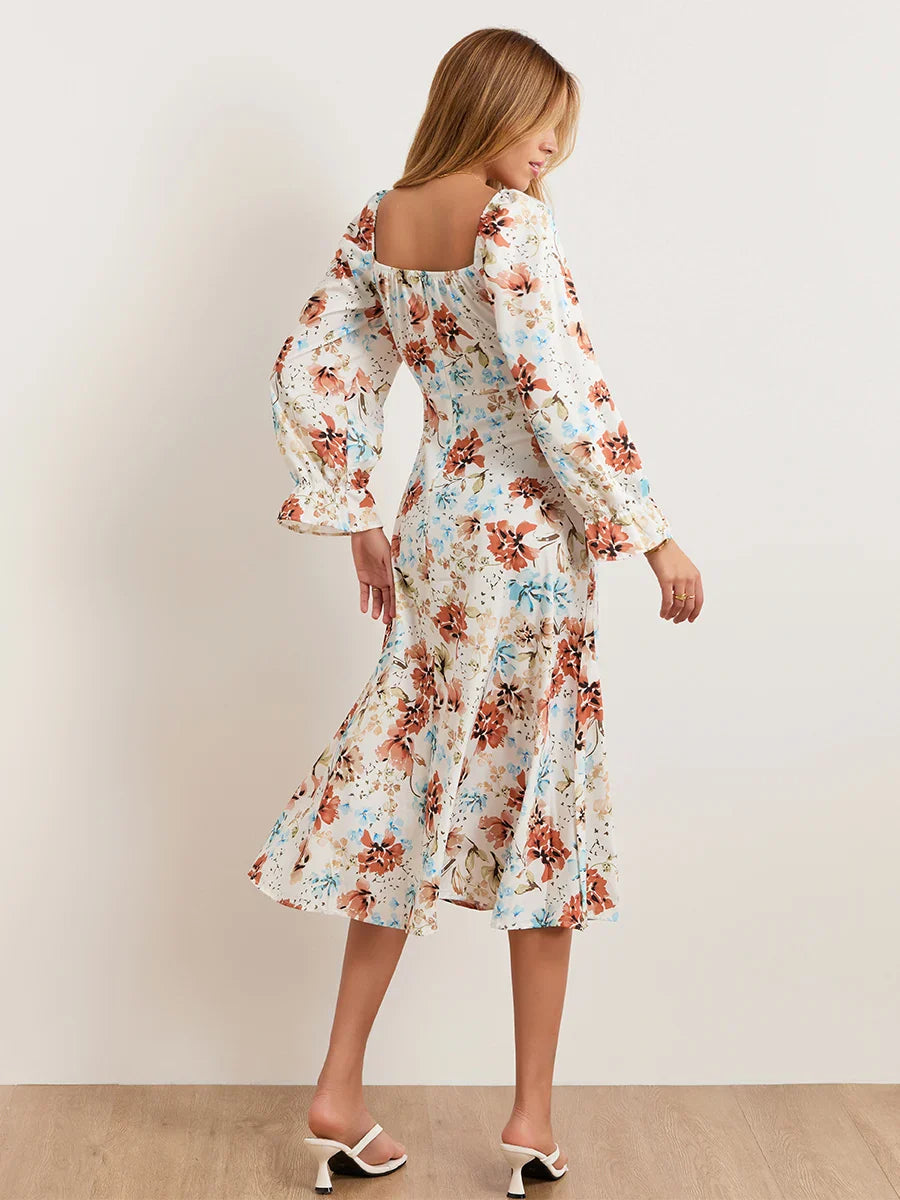 Elegant Floral Midi Puff Sleeve Square Neck Floral Dress