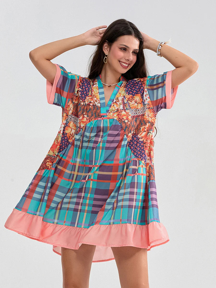 Floral Print Patchwork Flowy V-neck Loose A-Line Mini Floral Dress