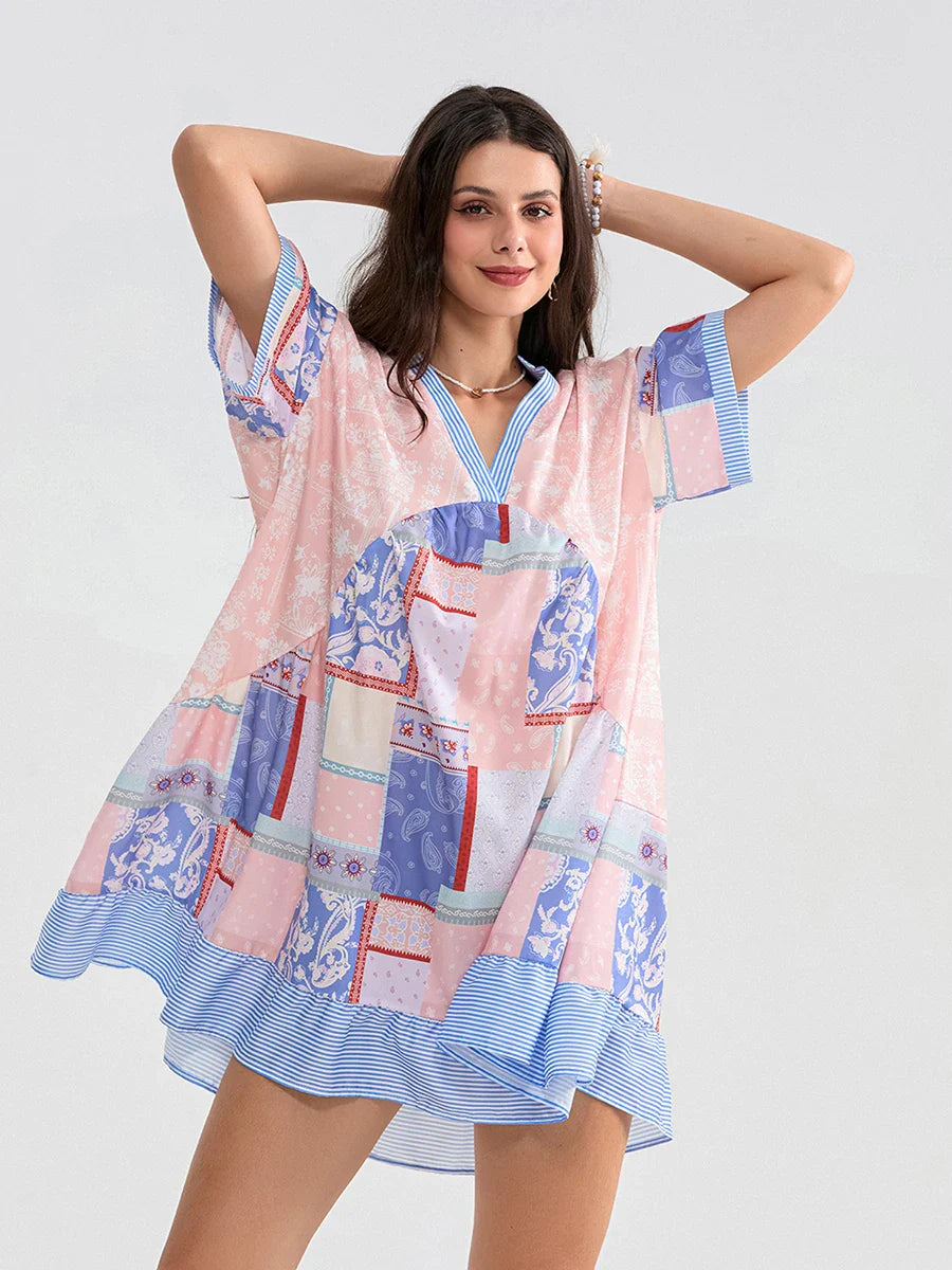 Floral Print Patchwork Flowy V-neck Loose A-Line Mini Floral Dress