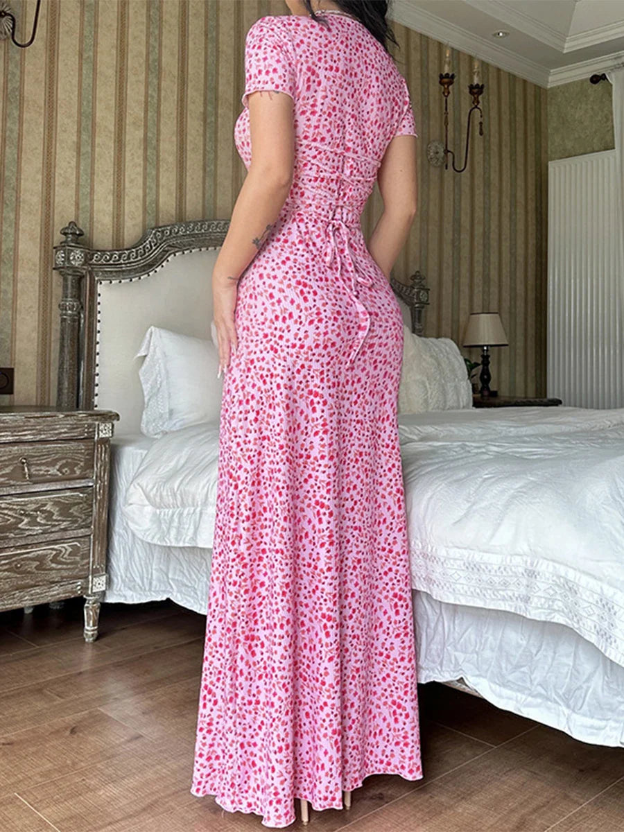 Floral Print T-Shirt Tie Back U-neck A-Line Long Floral Dress