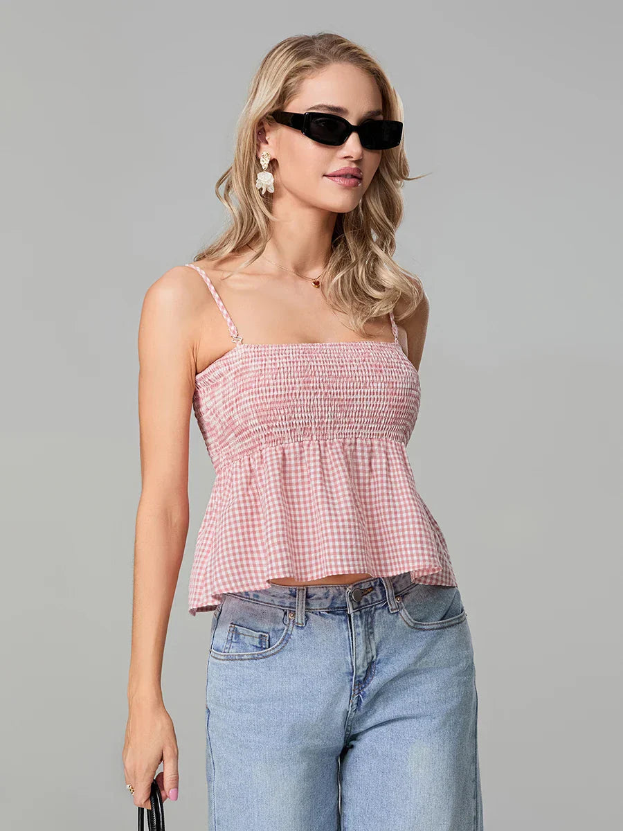 Plaid Smocked Backless Spaghetti Strap Frill Hem Crop Top
