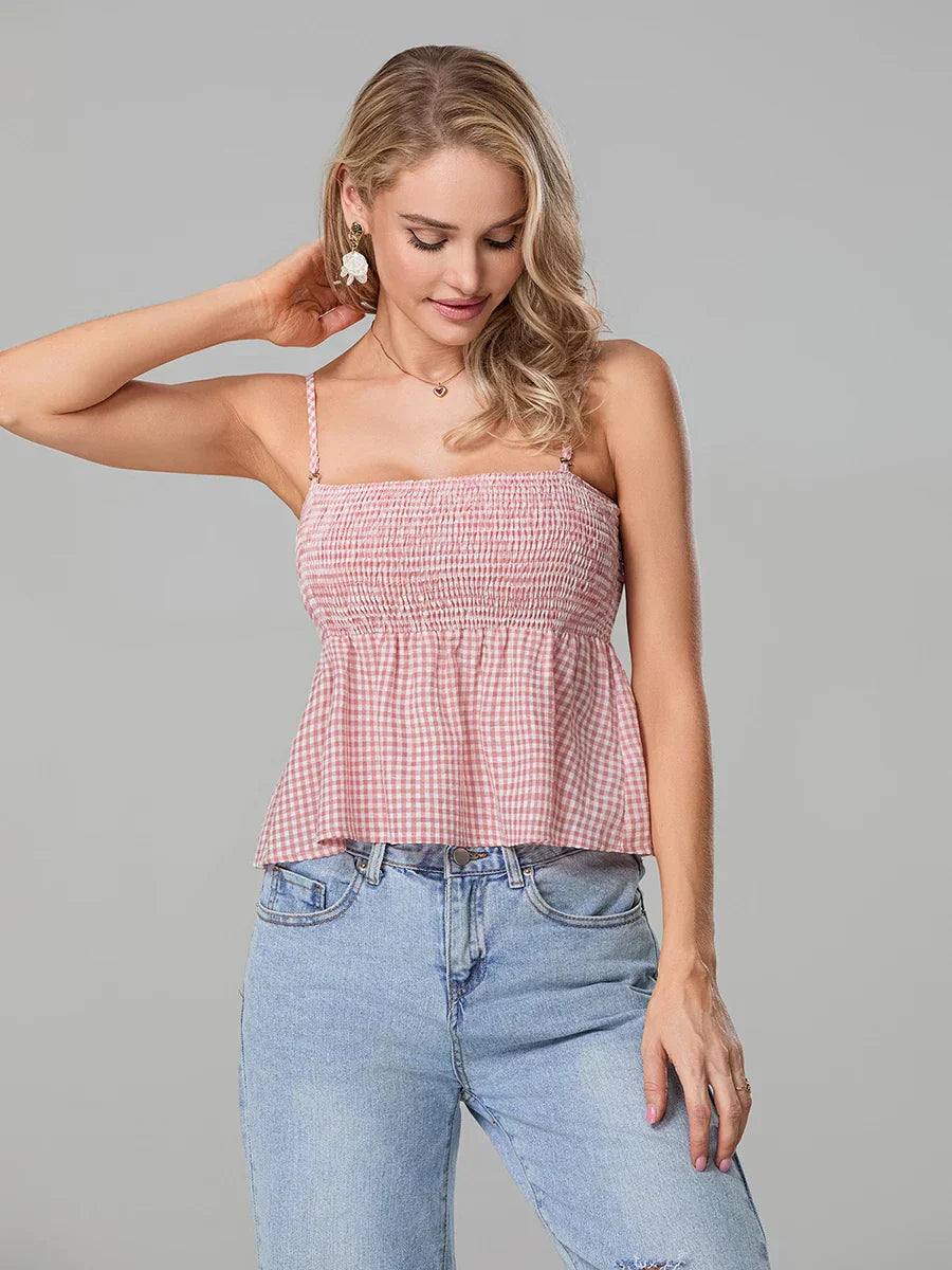 Plaid Smocked Backless Spaghetti Strap Frill Hem Crop Top