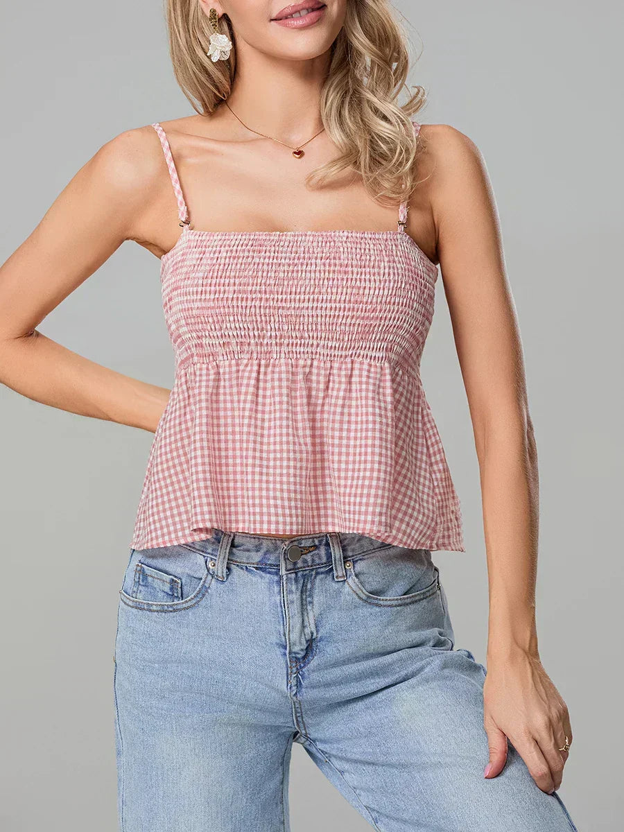 Plaid Smocked Backless Spaghetti Strap Frill Hem Crop Top