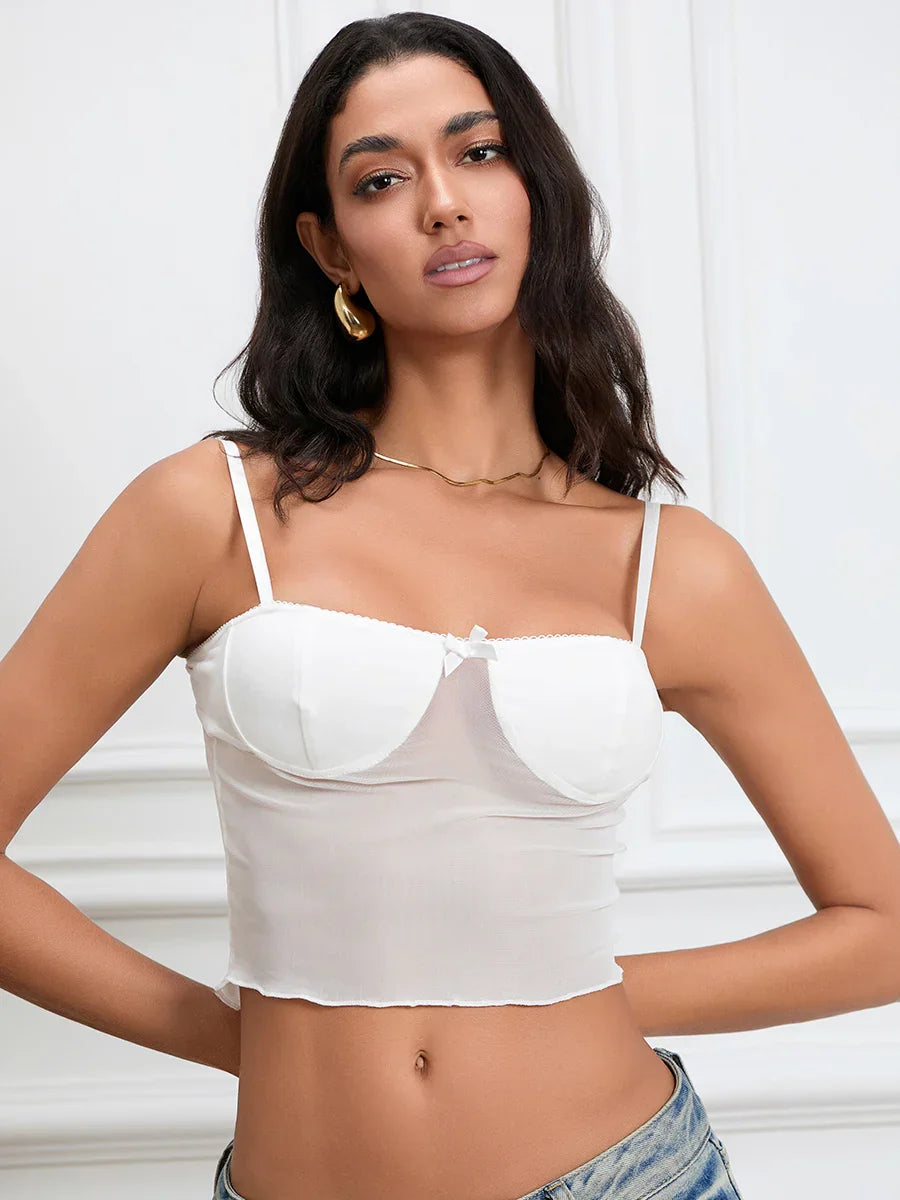Sheer Camis Sweetheart Bow Spaghetti Strap Crop Top