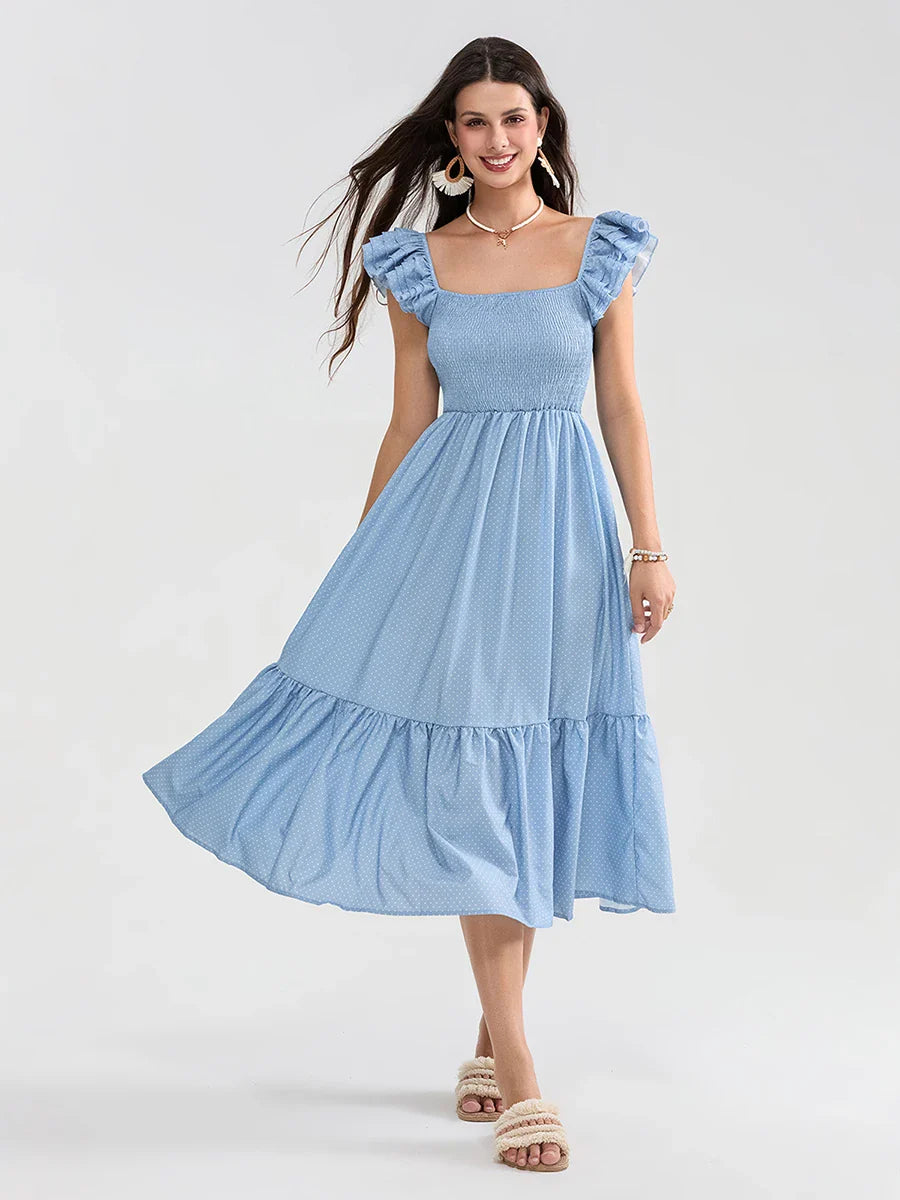 Floral Dot Print Shirred Square Neck Ruffled Flowing Beach Floral Dress