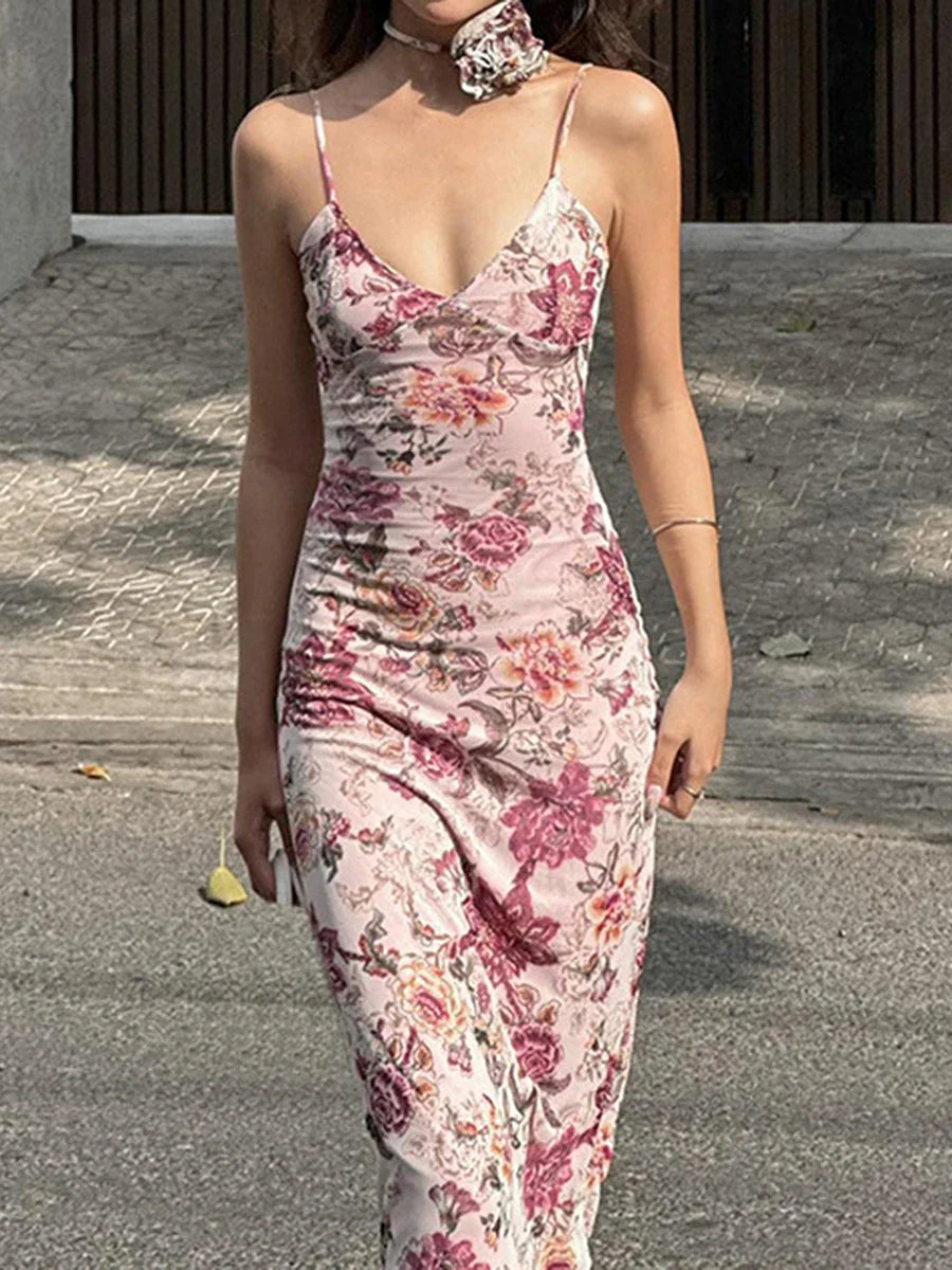 Retro Floral Print Cami Backless Wrap Floral Dress