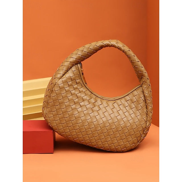 Leather Elegant Woven Chic Bag Hobo Round Ivory