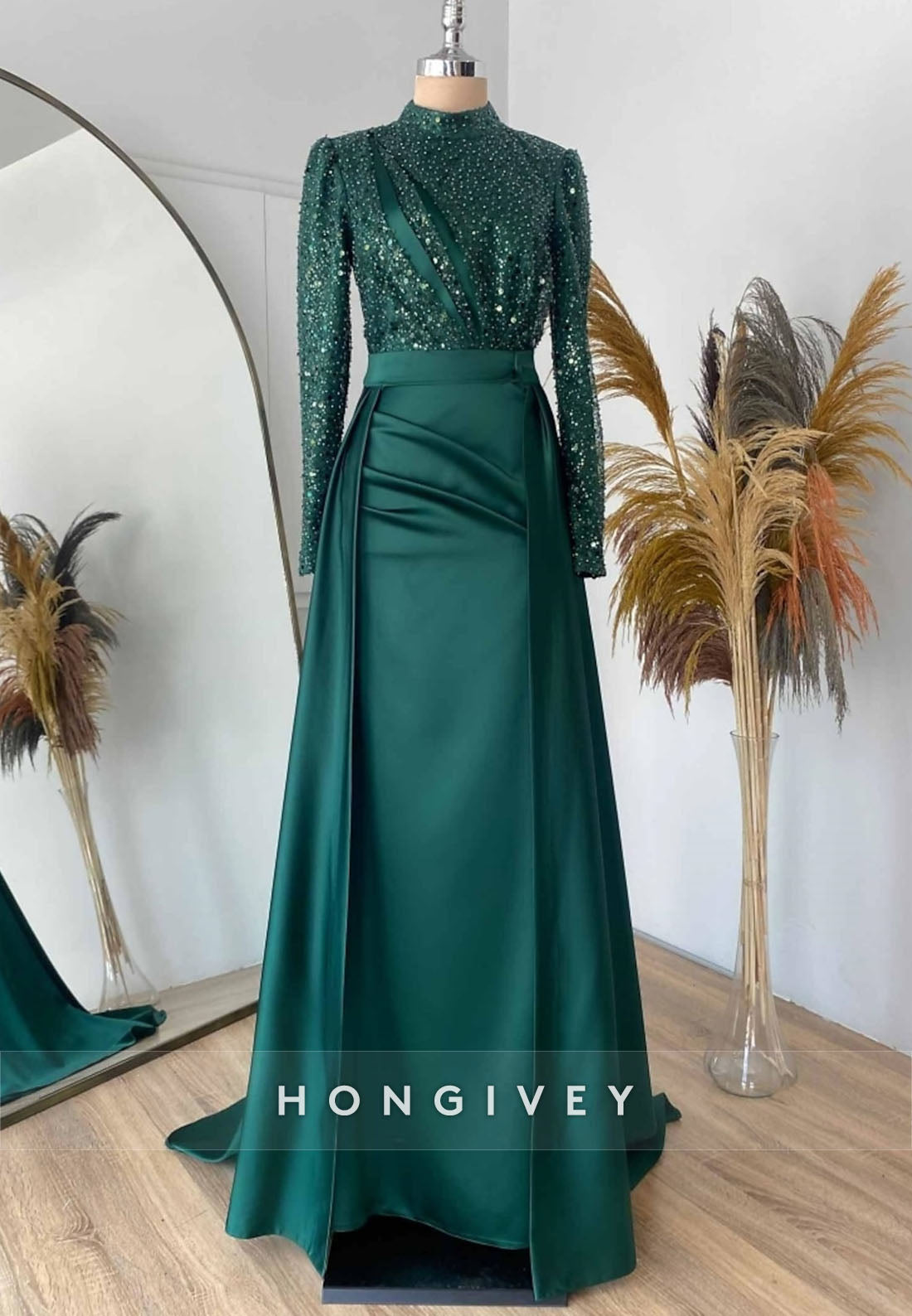 Satin Floor-Length Long Sleeve Evening Gown High Neck Pleated Detachable Formal Dresses