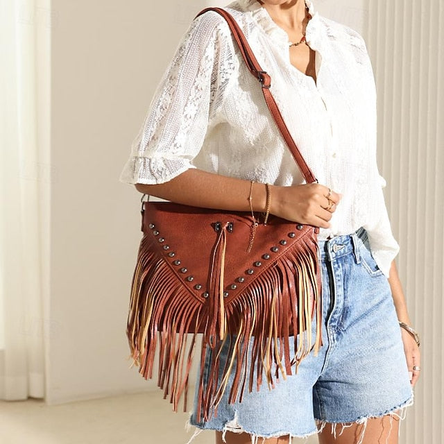 Leather with Fringe Crossbody Bohemian Bag