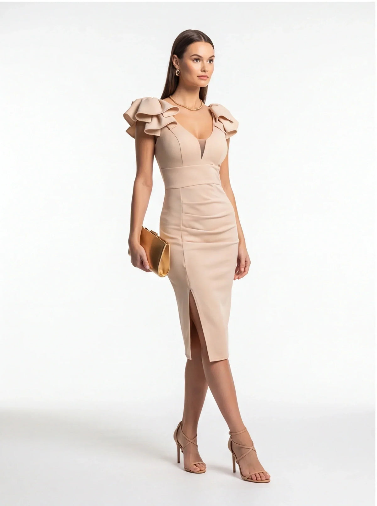 Deep V-Neck Shoulder Ruffle Waistband Bodycon Midi Cocktail Dress