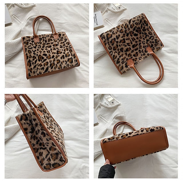 Tote Bag with Leather Faux Leopard Print Brown Fur