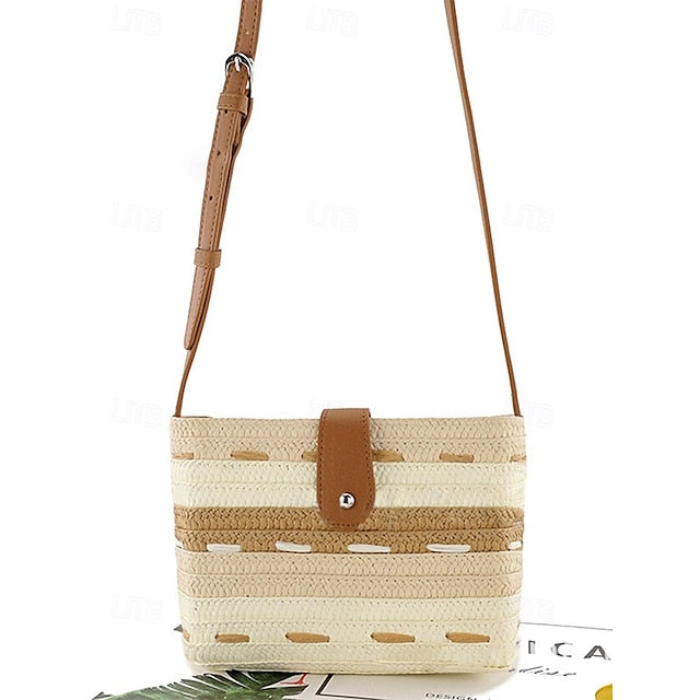 Woven with Colorblock Straw Striped Brown Tote Bag