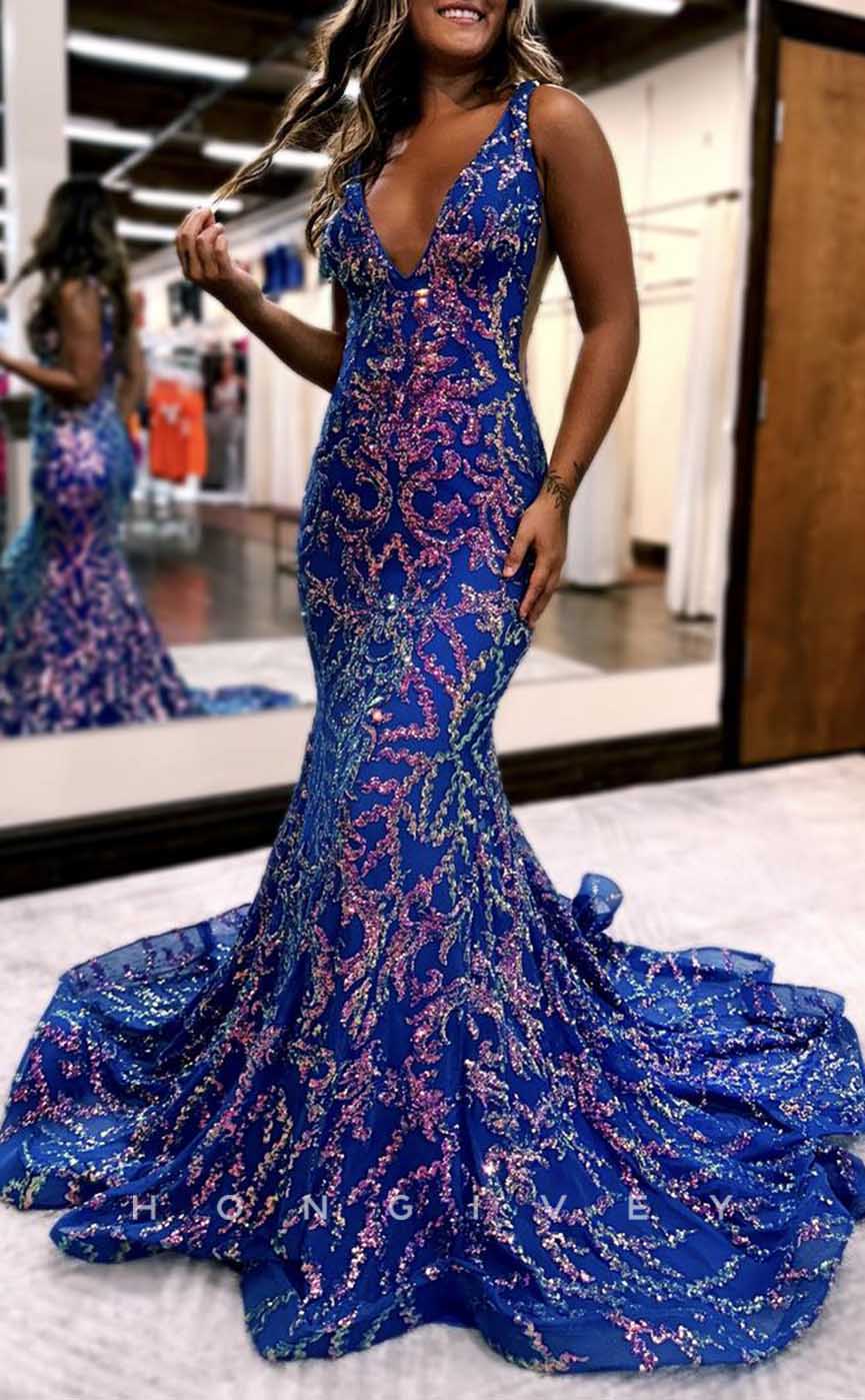 L2886 - V-Neck Halter Trumpet Beaded Appliques Party Prom Evening Dress - Fashionpara