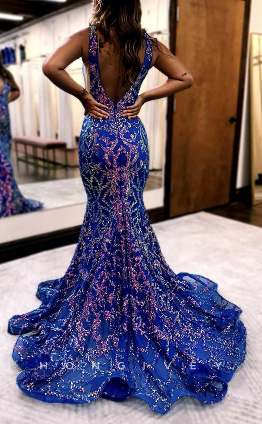 L2886 - V-Neck Halter Trumpet Beaded Appliques Party Prom Evening Dress - Fashionpara
