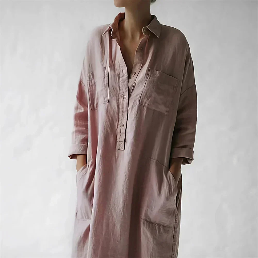 Crinkle Textured Long Sleeve Collar Pocket Midi Shirt Dress - View 3