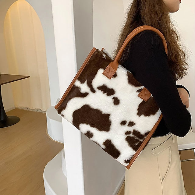 Tote Bag with Leather Faux Leopard Print Brown Fur