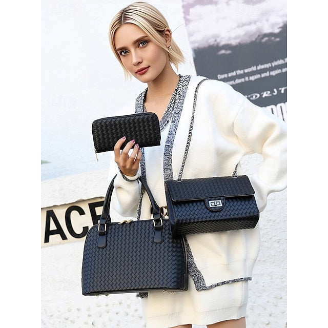 Handbag Set Brown Leather Woven 3-Piece Faux