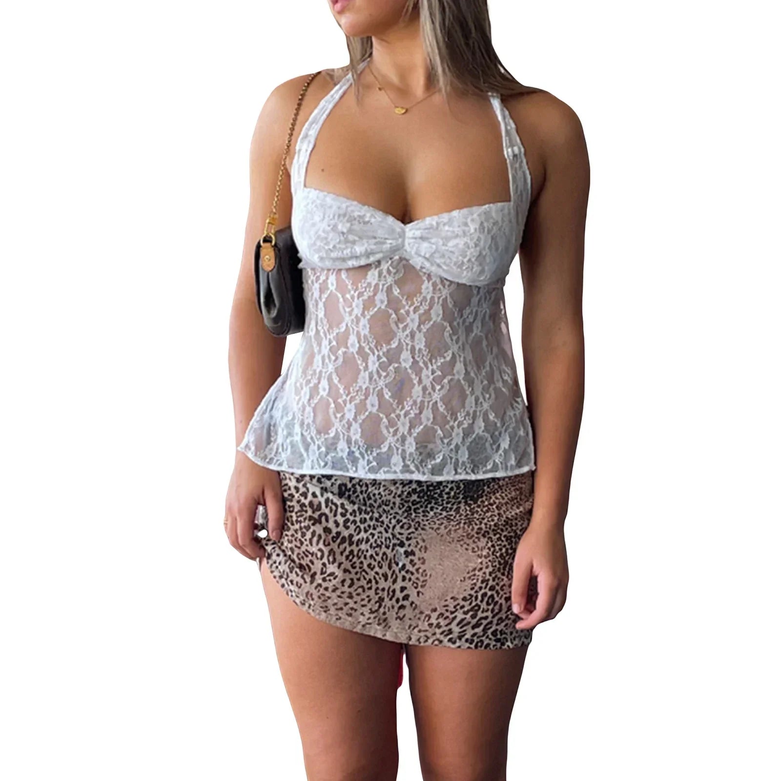 Y2K Retro Lace Sheer Mesh Backless Bandage Halter Crop Top