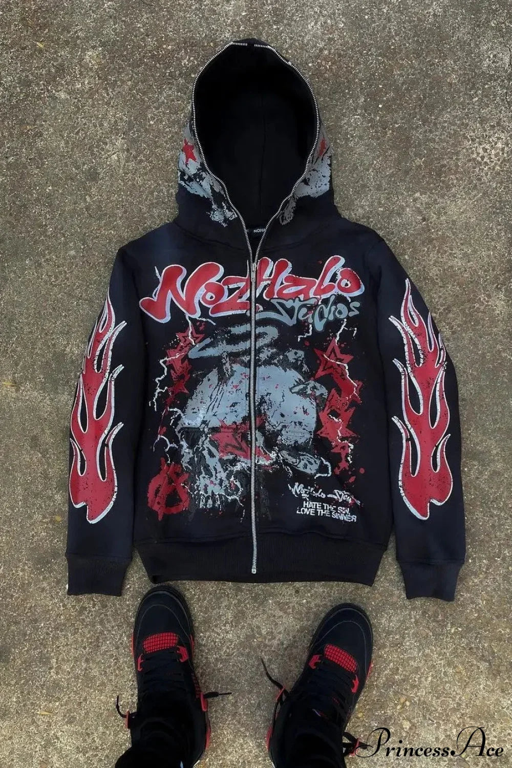 Y2K Dark Hip-Hop Cartoon Zip Hoodie Black / S