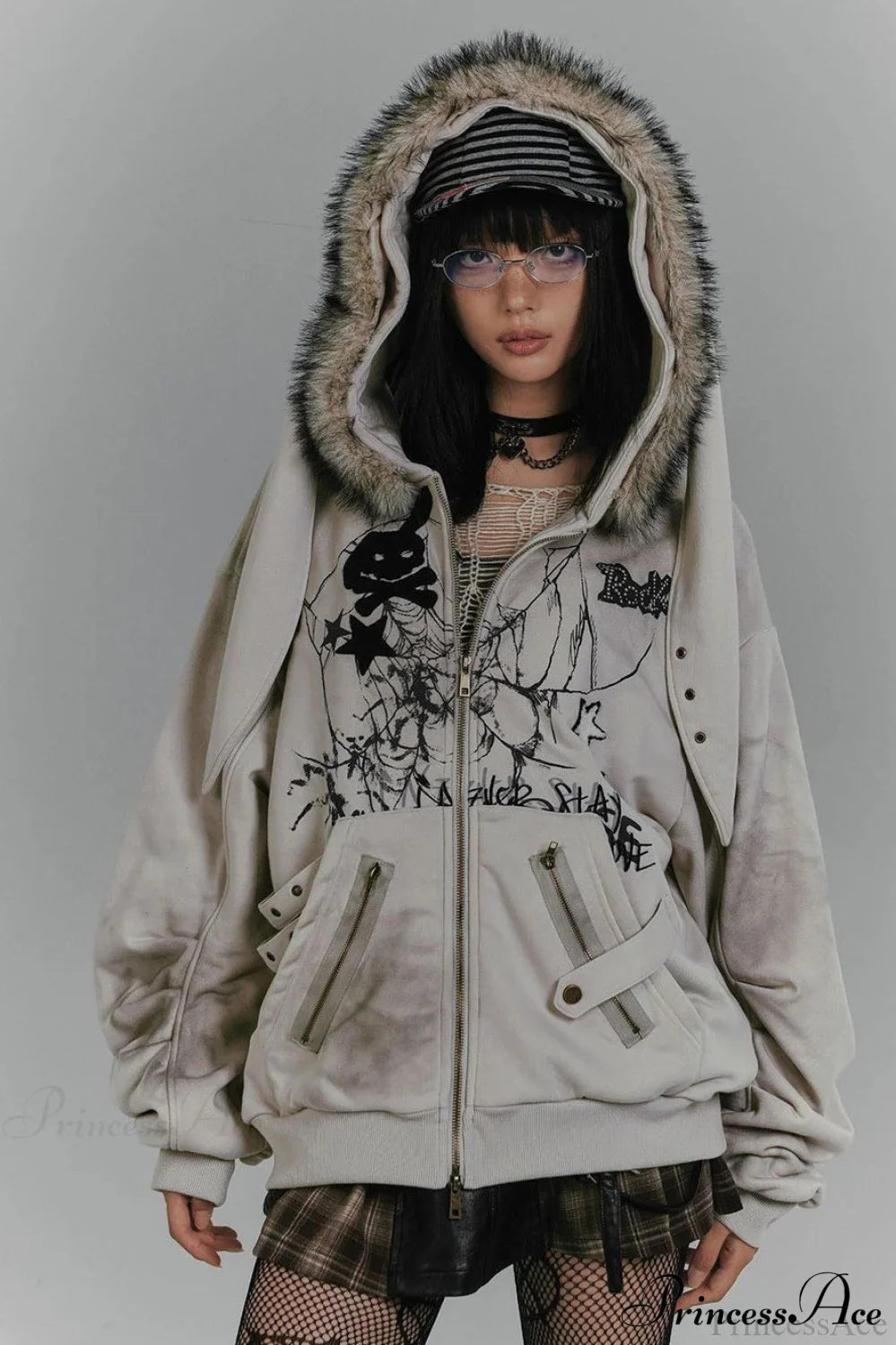 Y2K Fleece Collar Bunny Ear Print Hoodie